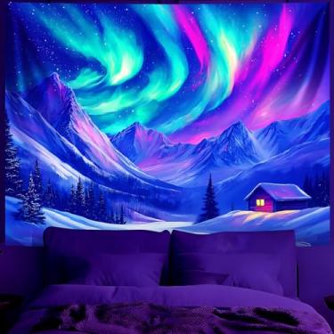 Imagem de BVBOX Tapeçaria de Luz Negra Fantasia Aurora Tapeçarias UV Reactive Creek Arte de Parede Pendurada Paisagem Neon Pôster de Festa Brilhante no Escuro para Quarto, Sala de Estar (Aurora Boreal 1, 200,7