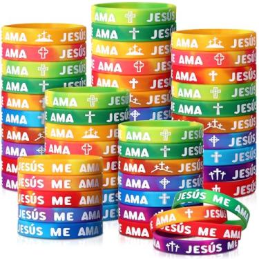Imagem de PullCrease 50 pulseiras espanholas Jesus Loves Me a granel, 10 estilos, pulseiras religiosas, arco-íris, Jesus Me, Ama, cruz cristã, presente de silicone para missionários, igrejas religiosas, grupos