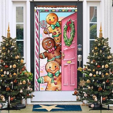 Imagem de Deroro Decoração de cobertura de porta de homem de gengibre de Natal, guirlanda de Natal rosa doce de hortelã fundo de faixa de porta da frente, floco de neve férias de inverno interior exterior decoração de casa 90 x 180 centímetros