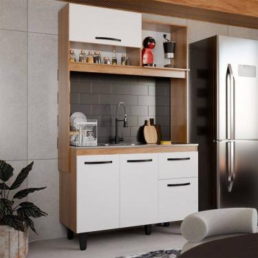 Imagem de Armário de Cozinha com Balcão Compacta Tina 4 Portas 1 Gaveta Freijó/Branco - Panorama Móveis