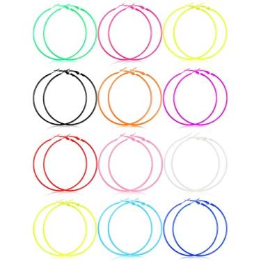Imagem de 12 pares de brincos de neon dos anos 80 para mulheres, brincos de argola coloridos retrô para acessórios de festa dos anos 80, 6 cm, Metal, Sem pedra preciosa