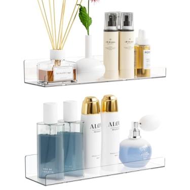 Imagem de Yieach Pacote com 2 prateleiras de acrílico para armazenamento na parede, prateleiras adesivas sem perfuração, organizadores de prateleira de parede de banheiro, prateleiras flutuantes de plástico