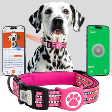 Imagem de ilFindYou Coleira AirTag para cães, IP69 à prova d'água, suporte para Apple AirTag para coleira refletiva, etiquetas personalizadas com código QR (rosa vermelha, média)