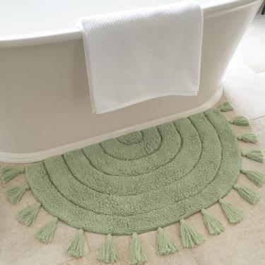 Imagem de Lindo tapete boho com borlas para o seu banheiro - Tapete macio de meio círculo 100% algodão se encaixa perfeitamente em sua casa - Um tapete de crochê fofo, antiderrapante e absorvente, ideal para