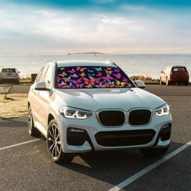 Imagem de Guarda-sol colorido borboleta carro para-brisa guarda-sol dobrável janela frontal pára-sol janela frontal carro sombra de para-brisa automático para carros, caminhões, SUVs 144,8 cm x 76,2 cm