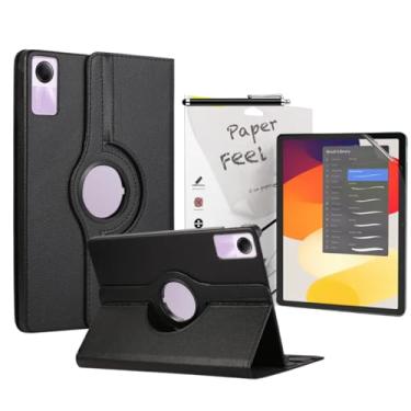 Imagem de Bluepink Capa Giratória Preta em Couro Sintético + Película Paper Like Premium + Caneta Touch Compatível Com Tablet Xiaomi Redmi Pad SE 11 Polegadas
