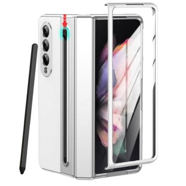 Imagem de YQODSZ Capa para Samsung Galaxy Z Fold 3 com suporte para caneta S e caneta Stylus, capa de couro premium Z Fold 3 com proteção de dobradiça, cobertura total, capa fina para Z Fold 3 branca