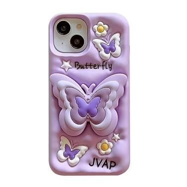 Imagem de QoKcoahn Capa para iPhone 13 Pro Max, capas de telefone kawaii 3D engraçadas, fofas, desenhos animados, roxas, borboleta, flor, capa com suporte macio, gel de silicone, proteção contra quedas, mulheres e meninas para iPhone 13 Pro Max