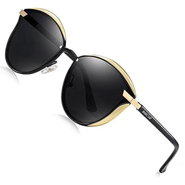 Imagem de Barcur Óculos de sol polarizados femininos olho de gato armação lateral com cobertura 3D redonda proteção UV e B, Dourado, preto