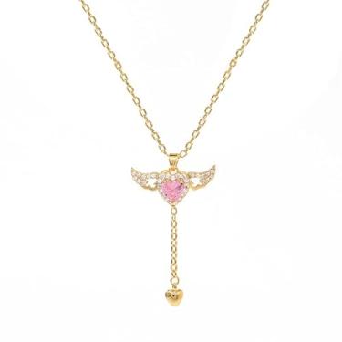 Imagem de DIAMANTIO Colar de asas de anjo banhado a ouro 18K com zircão rosa e coração – joia com pingente de coração pendente para mulheres