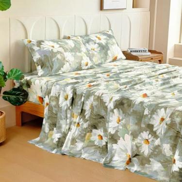 Imagem de MCO Jogo de lençol 100% algodão estampado floral, conjunto de lençóis Queen de algodão 300 fios, bolso profundo de 40,6 cm, lençóis refrescantes respiráveis, 4 peças (Queen, margarida verde claro)