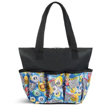 Imagem de Bolsa Bingo Jackpot azul com padrão elegante com 10 bolsos para Daubers, Dabbers, marcadores e acessórios – Bolsa de bingo portátil com zíper para amantes e jogadores de bingo - adultos e idosos