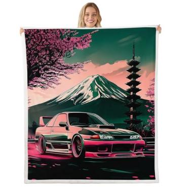 Imagem de Feelyou Cobertor de lã de carro de corrida japonês para bebês 76 cm x 101 cm carro esportivo rápido flores de cerejeira cobertor sherpa meninos meninas adolescentes montando carro de corrida Fuji