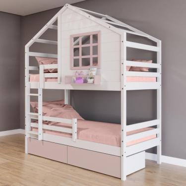 Imagem de Beliche Casinha com Janela 02 Gavetas Rosa e Grade de Proteção Madeira Maciça Branco/ Rosa Housin