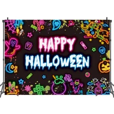 Imagem de LTDKAEN Happy Halloween Pano de fundo neon fantasma caveira decoração festa Halloween colorido decoração de chá de bebê decoração infantil (2,4 x 1,8 m)