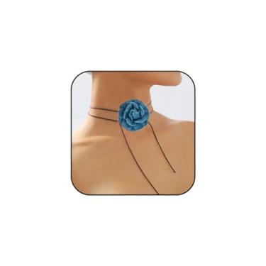 Imagem de WCRAZYE Colar gargantilha de flor jeans, preto e azul, corda de couro, 50 a 61 cm de comprimento, design de nó de laço em camadas, acessórios elegantes de festa, Mediun, Couro, Sem Pedra Preciosa