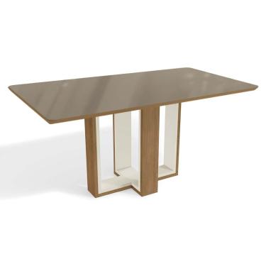 Imagem de Mesa p/ Cozinha Centella c/ Tampo Madeirado c/ Vidro 160x90cm Freijo/Off White/Bronze -...