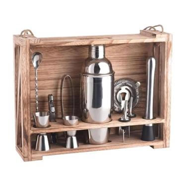 Imagem de ZZTWER Kit de bartender, conjunto de coqueteleira de aço inoxidável, 11 peças, máquina de coquetel com suporte de madeira, conjunto de suprimentos de barman para conjunto de coqueteleira de bar de