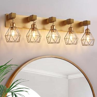 Imagem de Luminária de banheiro Farmhouse, luminária de banheiro dourada 5 claras, acabamento em latão antigo fosco rústico com abajur de metal, arandelas de parede para quarto, sala de estar, corredor