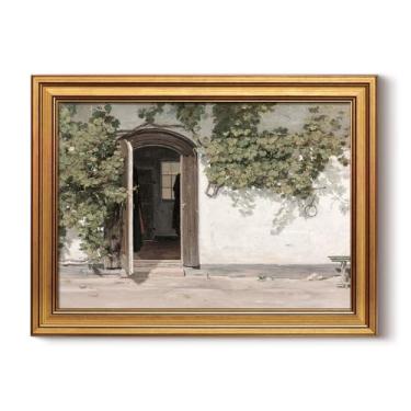 Imagem de WHASAYART Arte de parede vintage emoldurada a ouro vineman escalando as paredes casa de fazenda decoração de parede porta de abertura pintura a óleo imagem impressão em tela arte decoração de casa