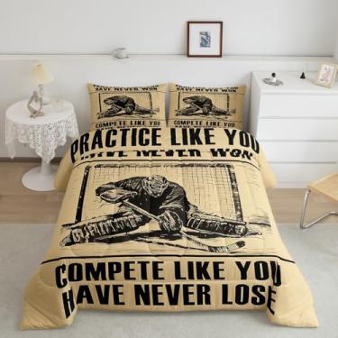 Imagem de Erosebridal Jogo de cama motivacional de jogadores de hóquei, tamanho casal, para crianças, adolescentes e adultos, edredom de plumas de esportes de inverno, jogo de bola e atleta, bege, 3 peças