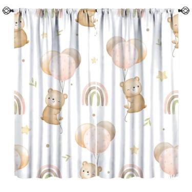 Imagem de JanJCurt Cortinas de urso para bebê, boho, rosa, arco-íris, desenho animado, fofo, urso, bolso para varão, cortinas para janela para quarto de bebê, 106,7 x 114,3 cm (sem apagão)