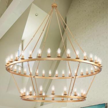 Imagem de JKLX Lustre de roda de vagão extra grande dourado de 152 cm, corrente ajustável de 2 níveis de 54 luzes para casa de fazenda industrial redonda de teto alto, para sala de jantar, sala de estar