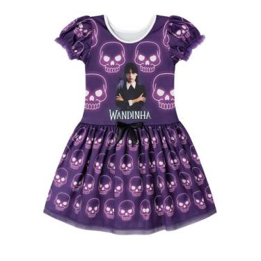 Imagem de Vestido Roxo Halloween Infantil Wandinha Caveiras Divertido - Ana Fant