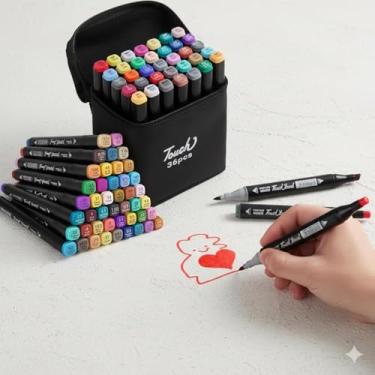 Imagem de Kit 36 Canetinhas Coloridas Marcador Permanente Ponta Dupla Para Colorir Bobby Goods Desenho Profissional e Escolar Lettering Com Estojo Organizador