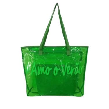 Imagem de Kit Bolsa Sacola Amo O Verão De Silicone Leve De Ombro Com Alça Confortável De Praia verde Escu