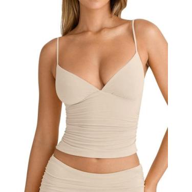 Imagem de Camiseta regata estilo rosa, decote em V, franzida, cami, bege, verão,