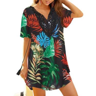 Imagem de Vestido de praia Ekouaer com capa de maiô e crochê de renda com decote