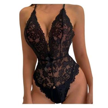 Imagem de Macacão feminino de renda preta, virilha aberta, estampa floral - Ligh