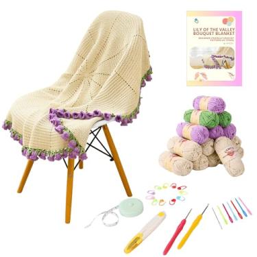 Imagem de CSWCS Kit de cobertor de crochê para iniciantes, kits de buquê de flores de 109 cm para adultos, aprender a tricotar com fio, gancho e instruções, presentes para mulheres decoração de casa (kit Lírio
