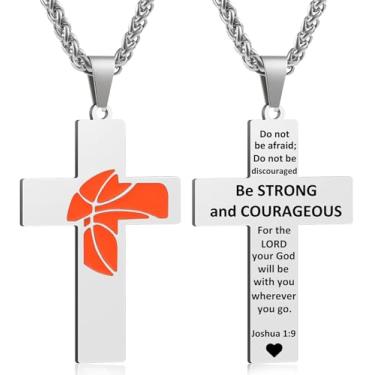 Imagem de Colar masculino com cruz de basquete, versículo bíblico, pingente de presente para aniversário, Natal, batismo, religioso, acessórios de basquete, presentes, Small, Aço inoxidável, Sem Pedra Preciosa