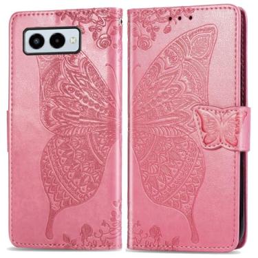 Imagem de DAMONDY Capa para Revvl 8 5G, borboleta, flores em relevo, couro PU, suporte magnético para cartões e alça de mão, carteira para T-Mobile Revvl 8 5G - Rosa