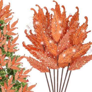 Imagem de HyDren 10 peças de folhas de glitter de Natal grandes ornamentos para palitos de árvore de Natal, sprays, galhos, ramos, florais, para decoração de guirlanda de árvore de Natal, decoração DIY (laranja