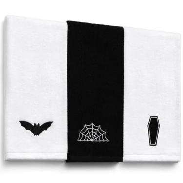 Imagem de HunnmingRe 3 peças de toalhas de mão góticas para cozinha 13,3 x 74,5 cm decoração de banheiro Halloween bonito algodão pano de prato teia aranha morcego caixão amantes presente para mulheres