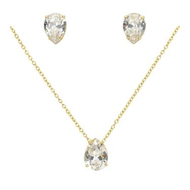 Imagem de Folheados Conjunto de Semi Joias Elegante, Gargantilha e Brincos Dourados com Pedras Brilhantes Brancas, Estilo Delicado