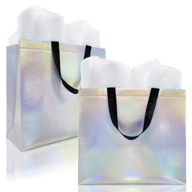 Imagem de HiCivan Sacos de presente tamanho grande com papel de seda e caneta, sacos de presentes não tecidos iridescentes brilhantes com alças para aniversário, Natal, casamento, ideia de lembrancinha de festa