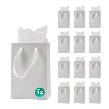 Imagem de Aosric Pacote com 12 sacos de presente brancos 12 x 8 x 8 com papel de seda - pequenos sacos de presente resistentes e reutilizáveis com alças de fita para joias, perfumes, lembrancinhas de festa