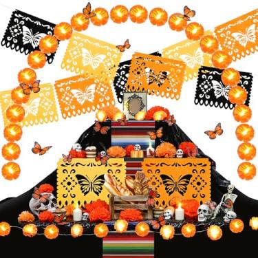 Imagem de Newwiee Kit de decoração de altar do Dia dos Mortos 56 peças toalha de mesa descartável guirlanda de calêndula com LED monarca borboleta papel picado banner vela LED papel flor para Dia De Muertos