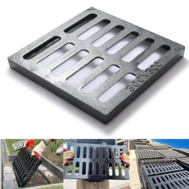 Imagem de TIDFOLGHTTHOR Grelha De Drenagem De Ferro Fundido, Tampa De Drenagem Externa Resistente De 12 * 12 Pol., Grelha De Canal Classe B125, Grelha De Esgoto De Metal, Grelha De Drenagem Quadrada Preta Par