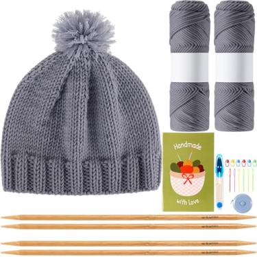 Imagem de Maasechs Kits de tricô para iniciantes e adultos, conjunto completo de tricô com fio de agulhas de bambu, kit de crochê para iniciantes com acessórios completos de crochê para mulheres e homens (cinza
