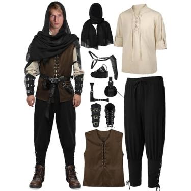 Imagem de SOMSOC Conjunto de 9 peças de fantasia masculina viking renascentista do Dia das Bruxas, camisa medieval, colete, cachecol, cinto, bolsa, capa de ombro, Preto, G