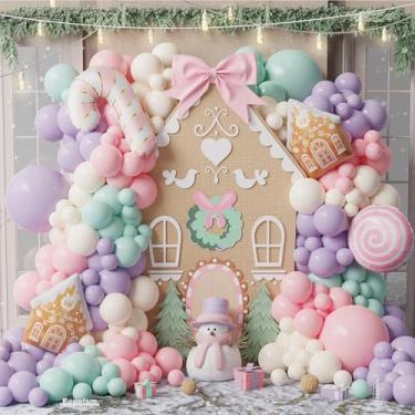 Imagem de Kit de arco de balão de Natal, 147 peças, guirlanda de balões rosa e roxo macaron com casa de gengibre, bengala doce e balões de alumínio Loliipop para decorações de festa de aniversário de chá de