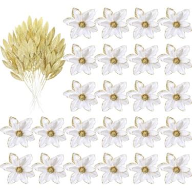 Imagem de Norme 24 peças de folhas artificiais com glitter dourado, palitos de flores, galhos e sprays de árvore de Natal e 24 peças de grinalda de árvore de Natal triplamente sintética branca para decoração de