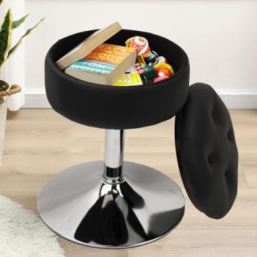 Imagem de Banqueta Vanity com grande armazenamento, 48 cm a 61 cm de altura ajustável em couro sintético tufado, banqueta de maquiagem redonda moderna de 360° para quarto, banheiro, sala de estar, preta