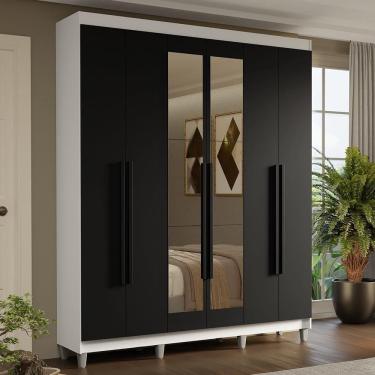Imagem de Guarda-roupa Casal Com Pés 6 Portas Batentes Com Espelho Branco-preto-preto Saturno Madesa