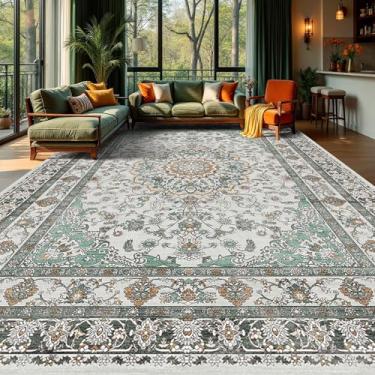 Imagem de Tapetes cinza laváveis 22 x 30 cm para sala de estar, tapete antiderrapante vintage para quarto, sala de jantar embaixo da mesa, tapete grande de pelo baixo, tapete floral macio (22 x 30 cinza verde)